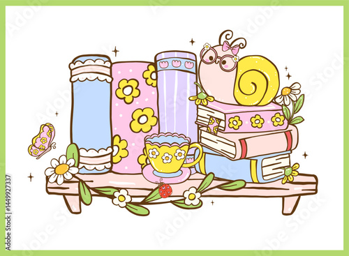 Cute Pastel Bookish Spring Reading Bookshelf Cartoon Doodle Illustration