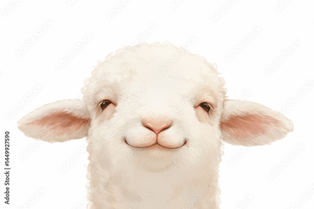 Fototapeta premium A cute, fluffy white lamb with a gentle smile on a white background
