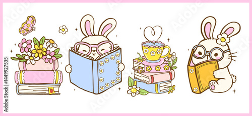 Cute Bookish Spring Animal Reading, Nerd Bunny reading book Cartoon Doodle Illustration Banner