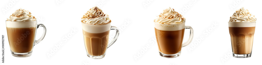 Set, Collection of a coffee drink with whipped cream isolated on transparent background. Set, Collection of a coffee drink with whipped cream isolated on transparent background.