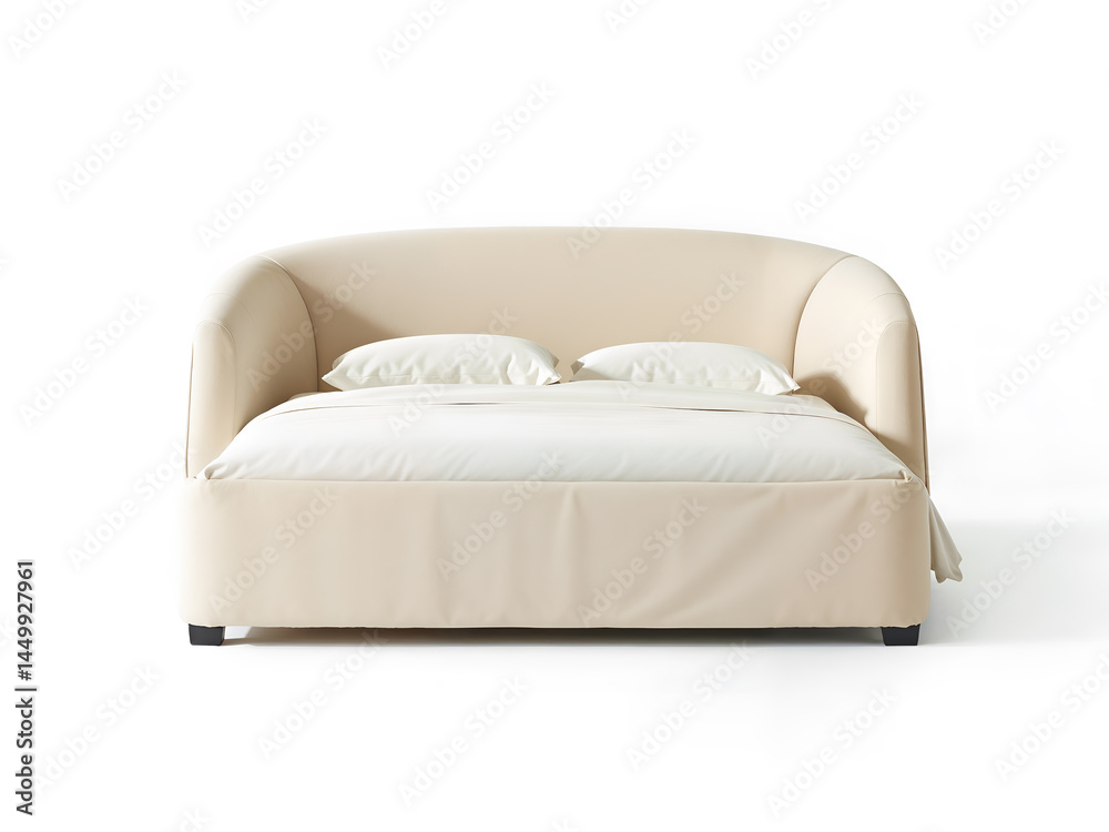 Compact sofa bed with pillows in cream color isolated on white. Generative AI