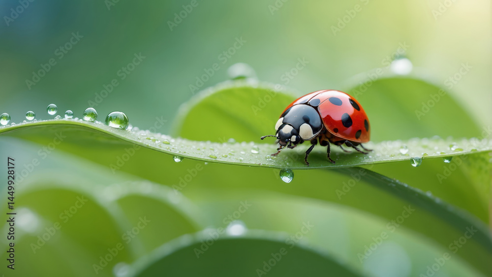 Close-up of a ladybug on a green leaf with water droplets in a natural outdoor setting