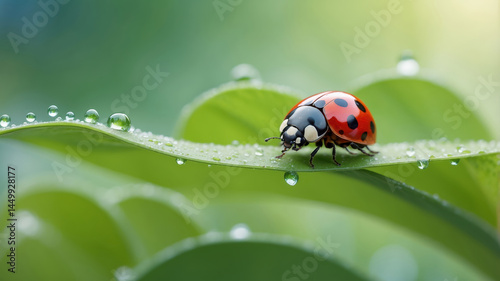 Close-up of a ladybug on a green leaf with water droplets in a natural outdoor setting