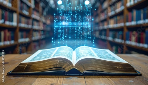 Open book with digital data streams rising above it, background of library shelves filled with books