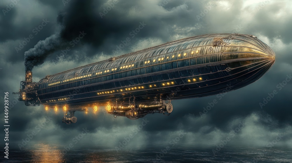 Naklejka premium Steampunk Airship Soaring Above a Stormy Sea