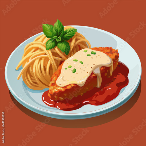 Breaded Chicken with Spaghetti in Tomato and Cream Sauce