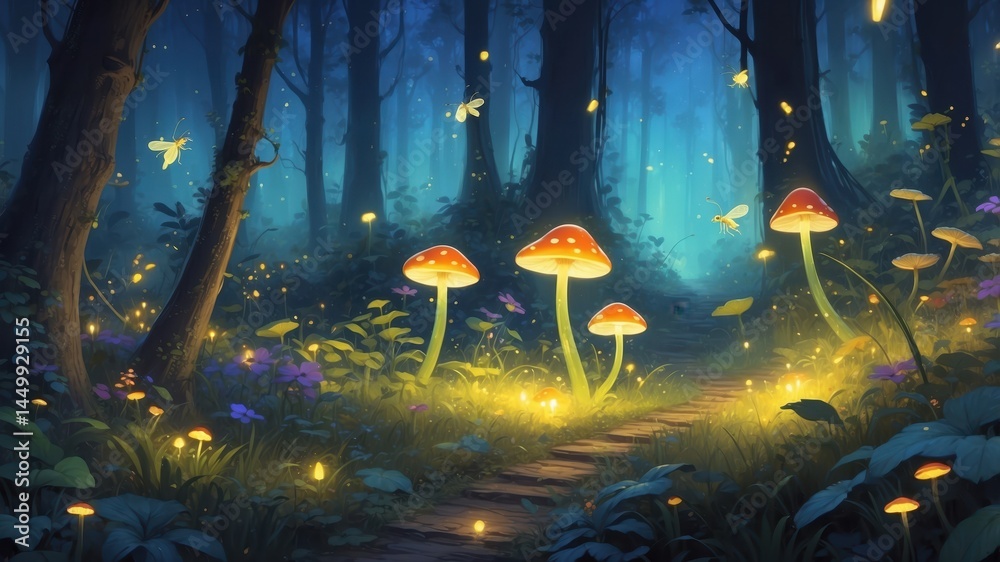 Enchanted forest scene with glowing mushrooms and fireflies illuminating a mystical woodland path at night