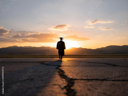 A graduate student walks across a desert road at sunset