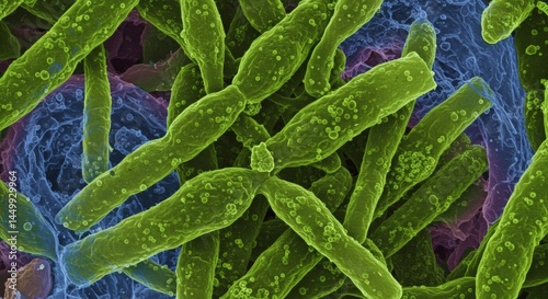 Microscopic view of green rod shaped bacteria with small dots on a blue textured background