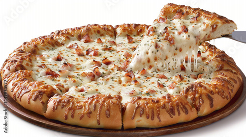 A delicious slice of creamy, cheese-smothered pizza is lifted, revealing a tantalizing glimpse of the savory toppings and a crust that promises a satisfying bite.