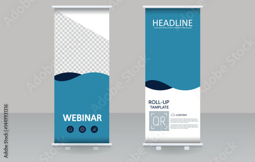Roll up banner with geometric shapes. For advertising webinars. Editable image.