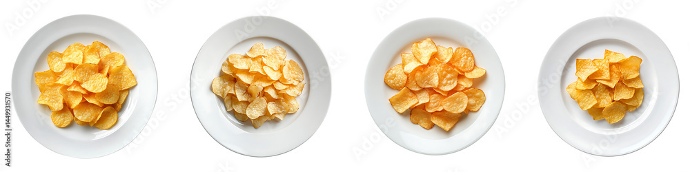 Set, Collection of A plate with potato chips top view isolated on transparent background. Set, Collection of A plate with potato chips top view isolated on transparent background.
