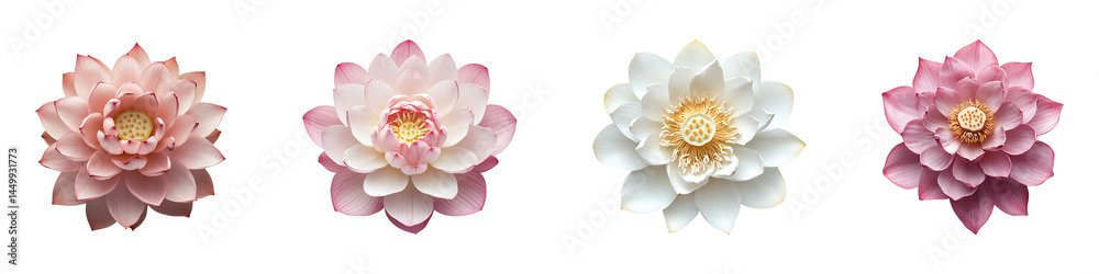 Obraz premium Set, Collection of A single piece of lotus top view isolated on transparent background.