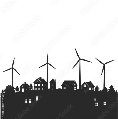Eco Village Silhouette with Wind Turbines and Sustainable Houses