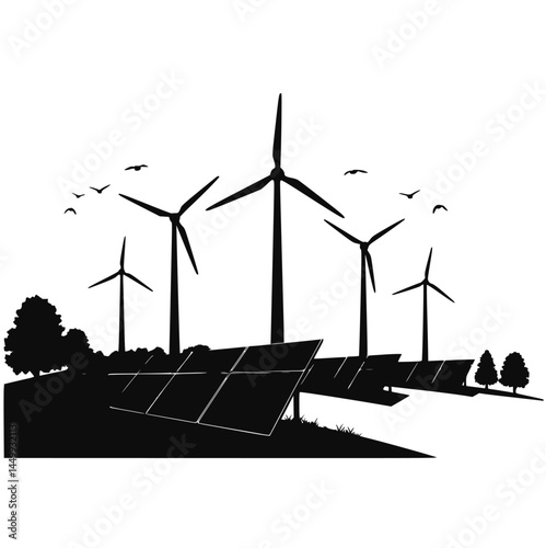 Silhouette of Wind Turbines and Solar Panels in Renewable Energy Landscape