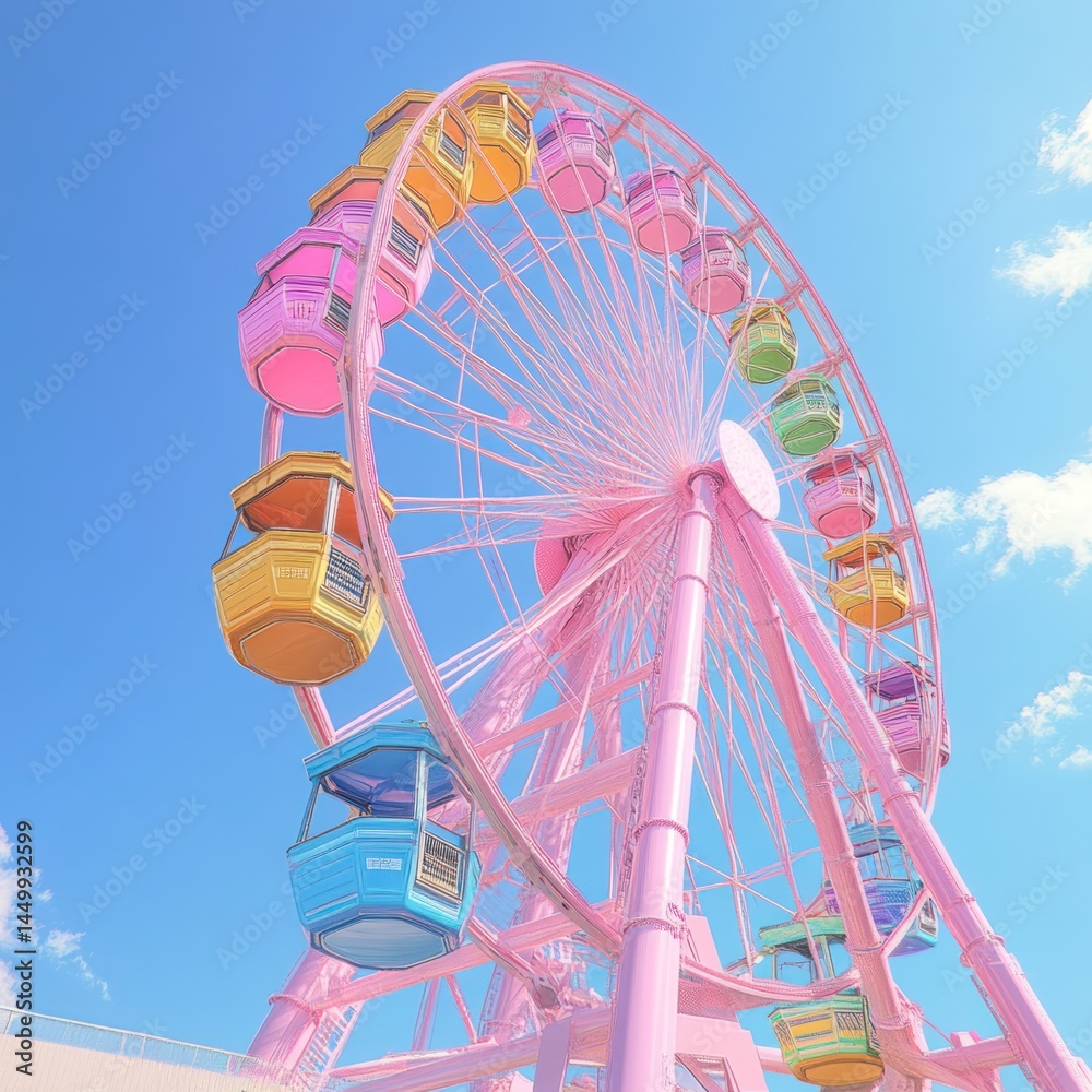Fototapeta premium Vibrant pastel-colored Ferris wheel against a bright sky.