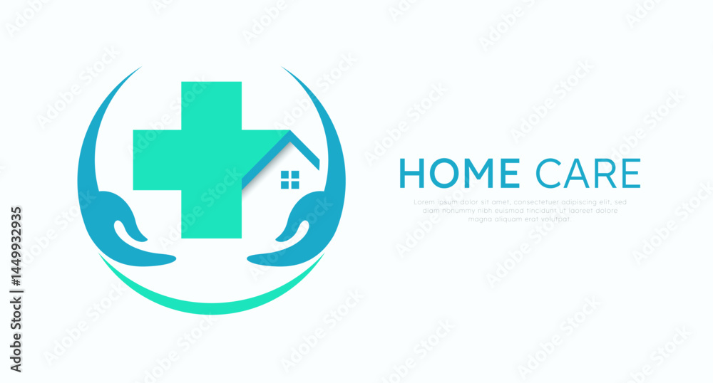 Modern home care logo with medical cross, house, and protective hands, symbolizing healthcare service at home with safety and care Modern home care logo with medical cross, house, and protective hands, symbolizing healthcare service at home with safety and care