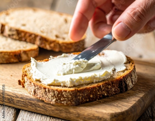 Close-up of hand spreading cream cheese on multigrain bread slice