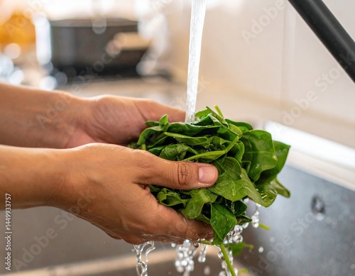 Washing fresh spinach in kitchen sink: hands cleaning green vegetables