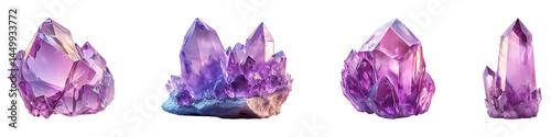 Set, Collection of Amethyst crystal contras isolated on transparent background.
