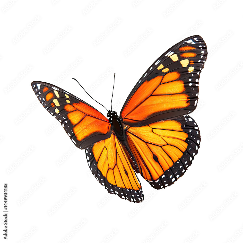 Fototapeta premium A vibrant orange and black butterfly in flight against a black background. Detailed wing patterns are visible