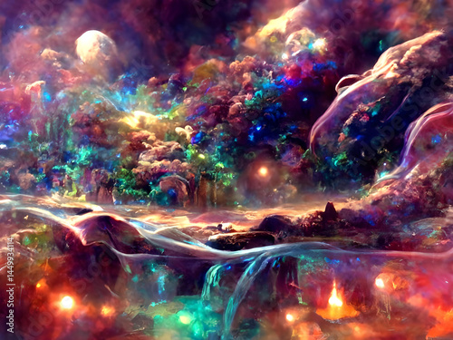 Colourful abstract background. Concept of Cosmic Energy, divine presence, healing and spiritual jorney. Digital illustration. CG Artwork Background