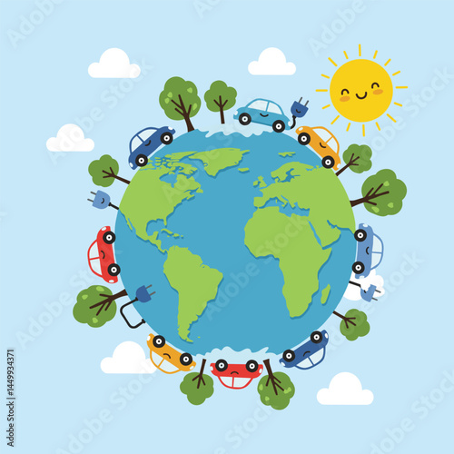 Earth with electric cars trees and sun