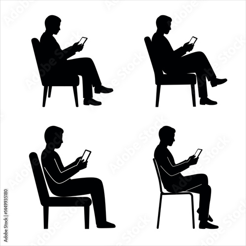 Man silhouette sitting chair using tablet vector graphics