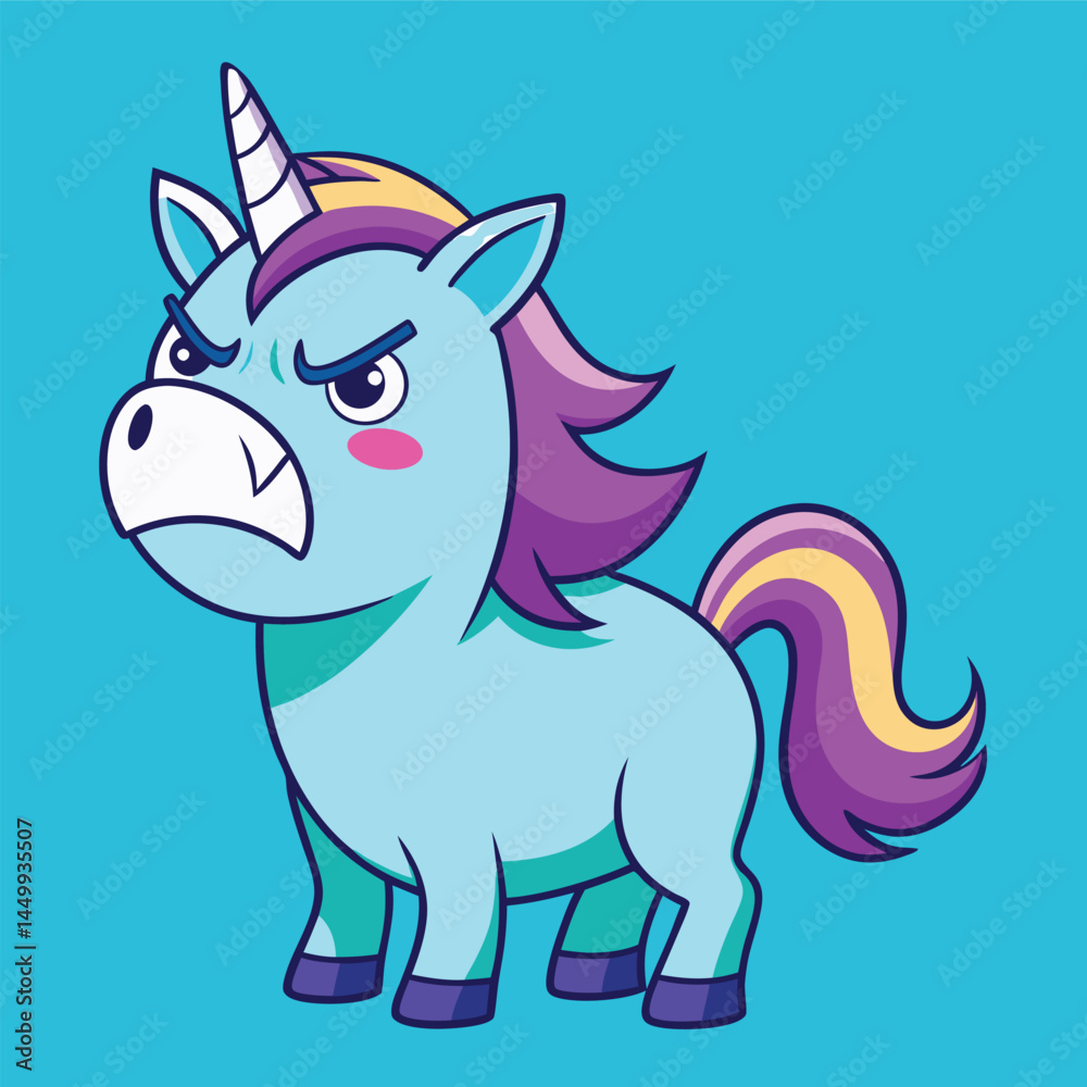 Discover the fierce and whimsical angry unicorn cartoon illustration, perfect for children's books, stickers, banners, t-shirts, and more. This dynamic vector art adds a playful and expressive charact Discover the fierce and whimsical angry unicorn cartoon illustration, perfect for children's books, stickers, banners, t-shirts, and more. This dynamic vector art adds a playful and expressive charact