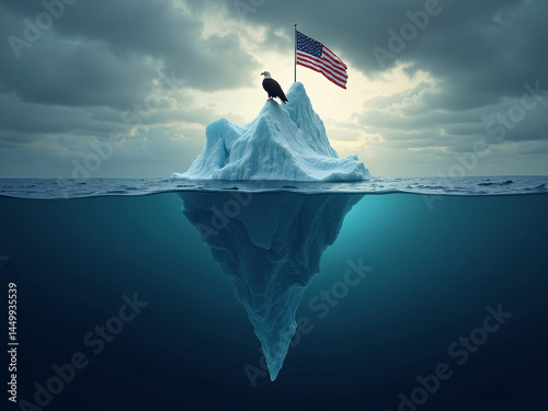 Bald eagle on iceberg arrow shape with USA flag fluttering, ocean shadows, recession metaphor, cold blue tones, economic crisis symbolism, stormy skies, dramatic digital art