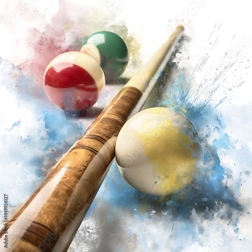 Wallpaper Mural Artistic Watercolor Depiction of a Pool Cue and Billiard Balls. Torontodigital.ca