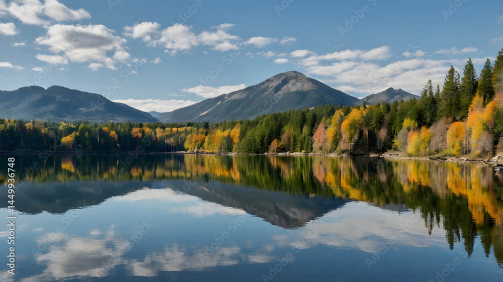 Fototapeta premium A tranquil mountain lake, Surrounding autumnal hills. The water is a clear.