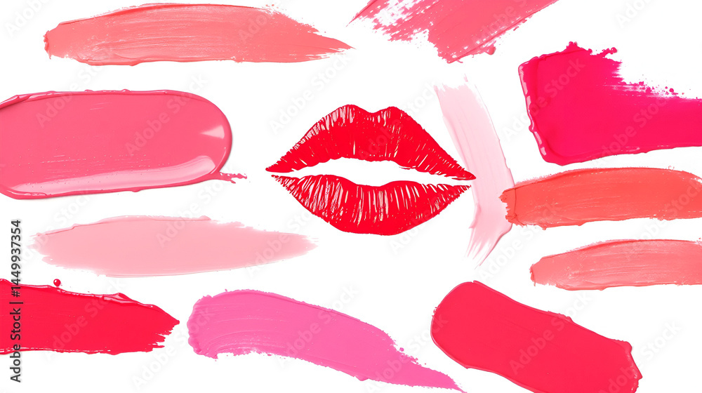 A vibrant display of various shades of lip color smudges on a white background. A vibrant display of various shades of lip color smudges on a white background.