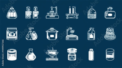 A collection of hand-drawn illustrations depicting various food processing and preparation equipment and containers.  Perfect for culinary, industrial, or packaging themes.
