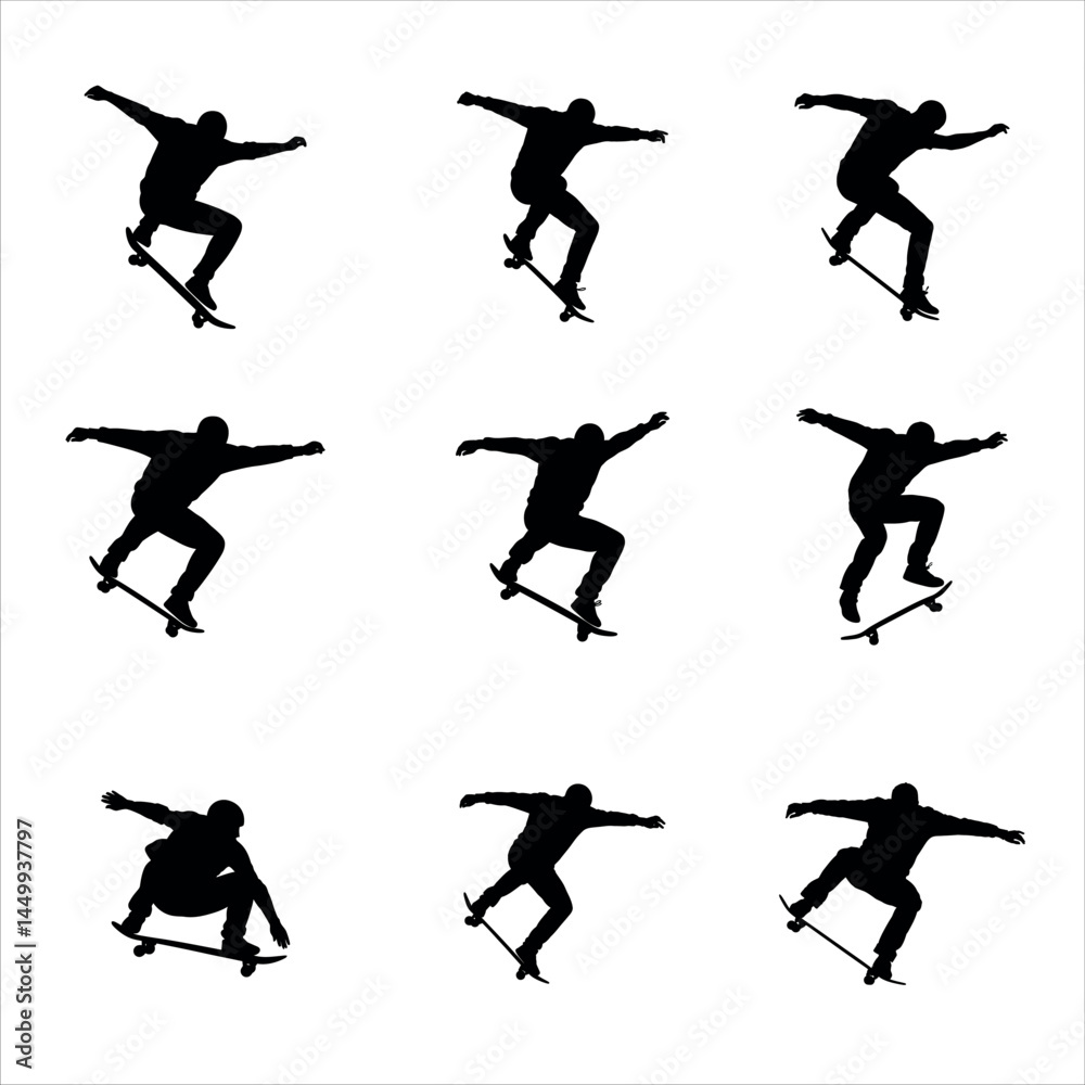 Skateboarder silhouette performing tricks on white surface Skateboarder silhouette performing tricks on white surface