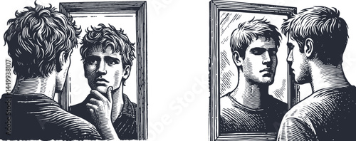 Set of Engraving Designs Featuring a Young Man Staring into a Mirror with Doubt – Symbolic Art of Self-Reflection, Identity, and Inner Struggle – Detailed Line work for Creative Projects young man