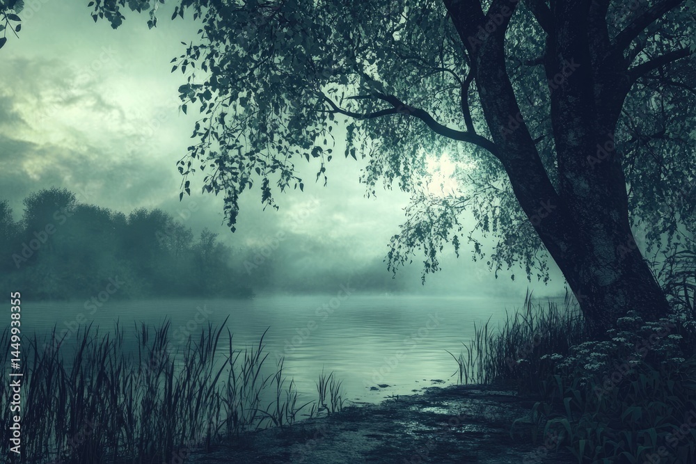 Misty riverbank at dawn Misty riverbank at dawn