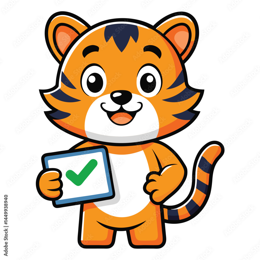 Discover the adorable tiger holding a checklist sign cartoon mascot illustration, perfect for storybooks, animations, and print products. This charming vector art adds a playful and educational elemen