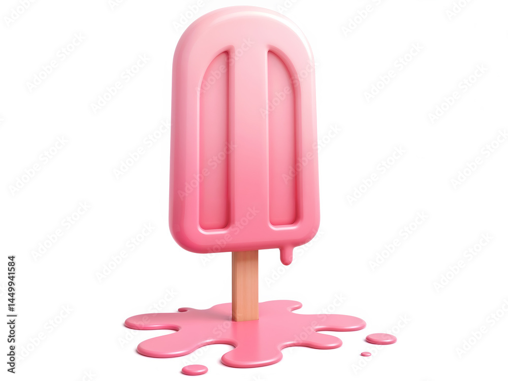 3D melting pink ice cream popsicle standing upright on white background. Generative AI