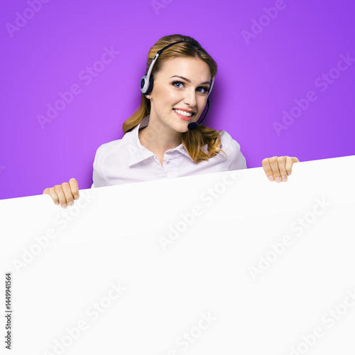 Call center. Customer support callcenter service phone operator or sales agent in headset, white shirt behind signboard with free space text area, isolated violet purple color background. Square image