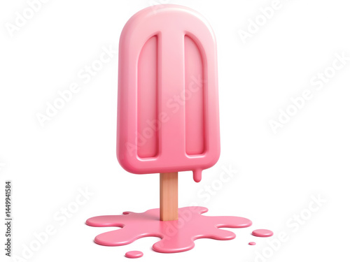 Obraz na płótnie 3D melting pink ice cream popsicle standing upright on white background. Generative AI w salonie