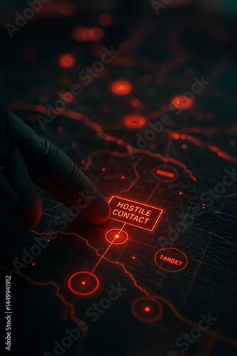 Futuristic holographic military map interface showing a hostile contact being tracked in real-time under red tactical lighting.