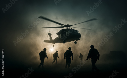 Armed soldiers run towards a landing Black Hawk helicopter during a military operation in a dusty warzone.