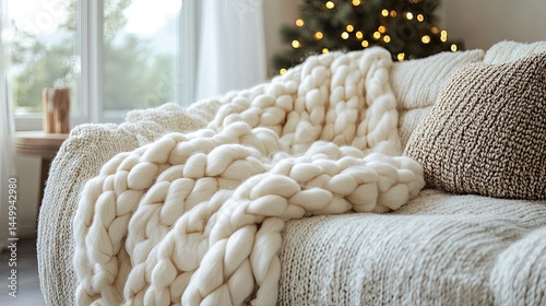 Cozy cream chunky knit blanket draped over a light beige sofa.