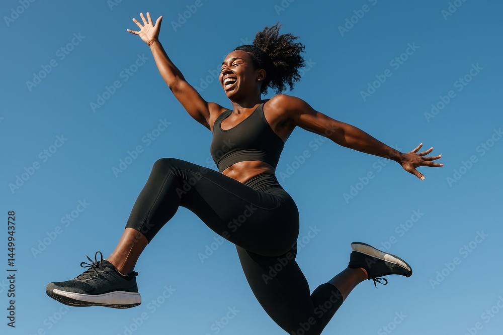 Fototapeta premium Joyful athletic woman jumping outdoors.