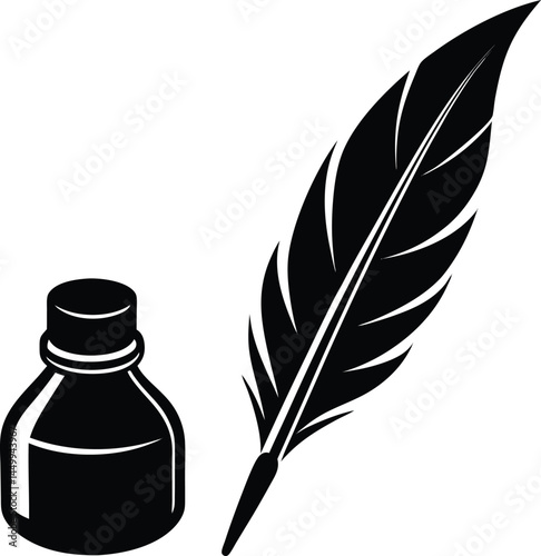 feather quill with ink bottle on white background 