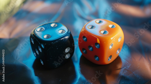 Gleaming Cubes of Possibility: Two Dice Sit Amidst Water Droplets, Hinting at Games of Luck, Strategic Decisions, and the Thrill of Anticipating the Next Roll.