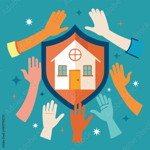 Illustration depicting hands shielding a house and people, symbolizing protection and safety. This concept artwork conveys security and care, ideal for themes related to home security, insurance, and 