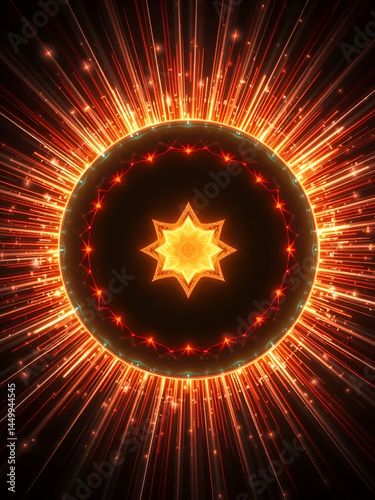 A glowing gem-like circular design enclosed in radiant plasma-like trails