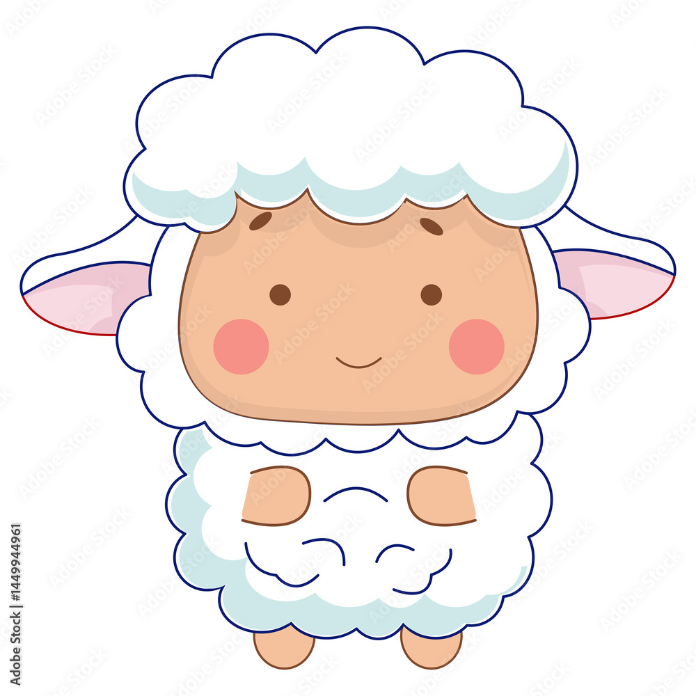 Obraz premium Cute cartoon sheep with fluffy white fur and pink ears, smiling happily on a white background. Perfect for nursery designs or nursery decor.